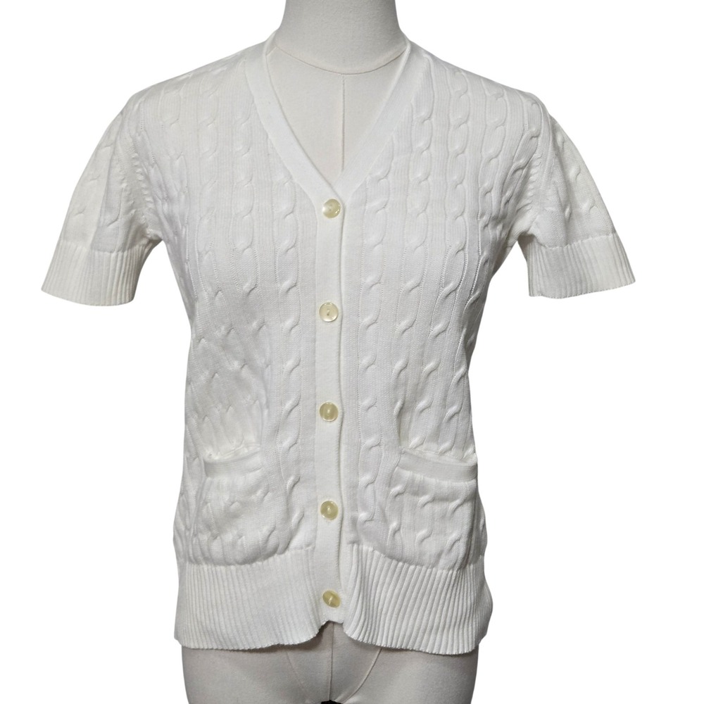 Brooks Brothers Sweater Womens Medium White Cable Cardigan Short Sleeve Pockets